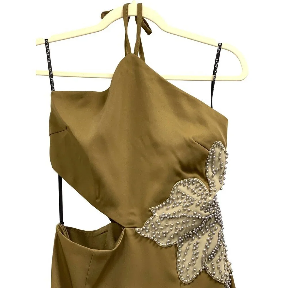 Avec Les Filles Olive Midi Dress Size 6 Beaded Floral Accent Halter Neck Cutout
